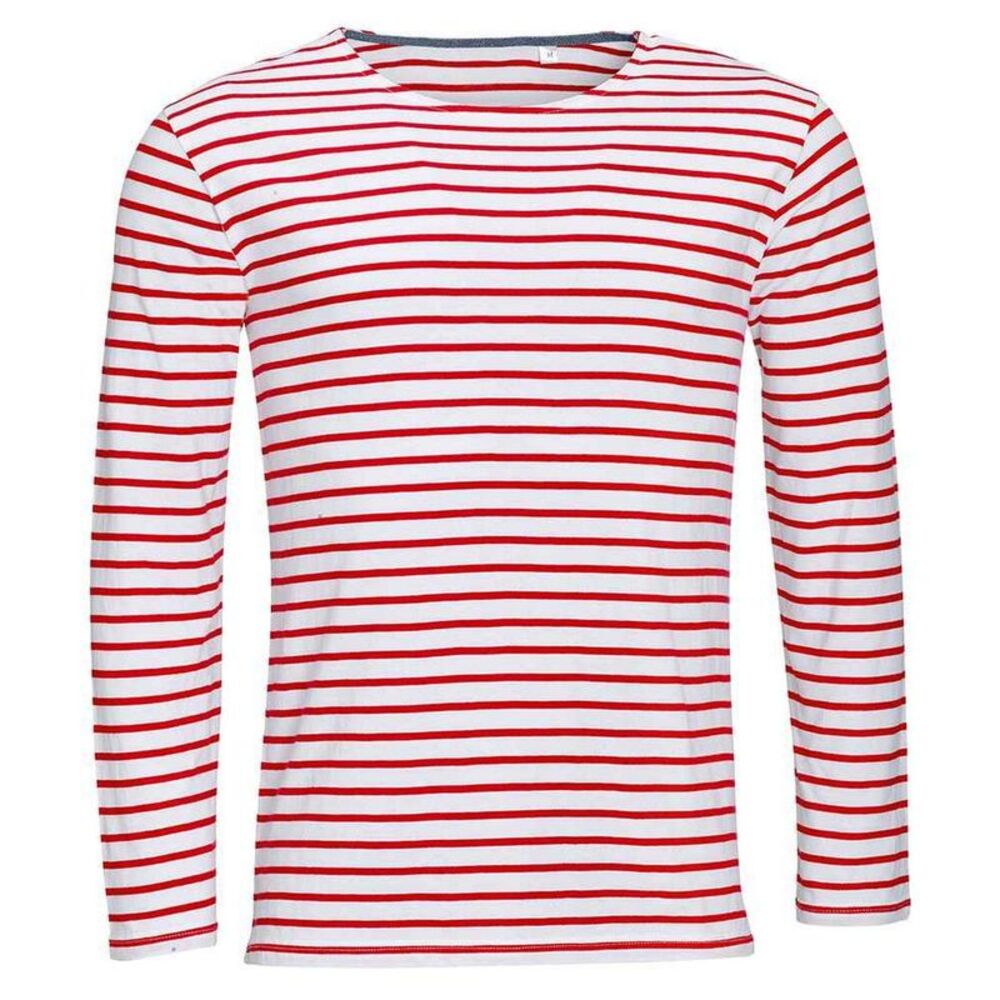 SOLS Mens Marine Striped Long-Sleeved T-Shirt / White/Red